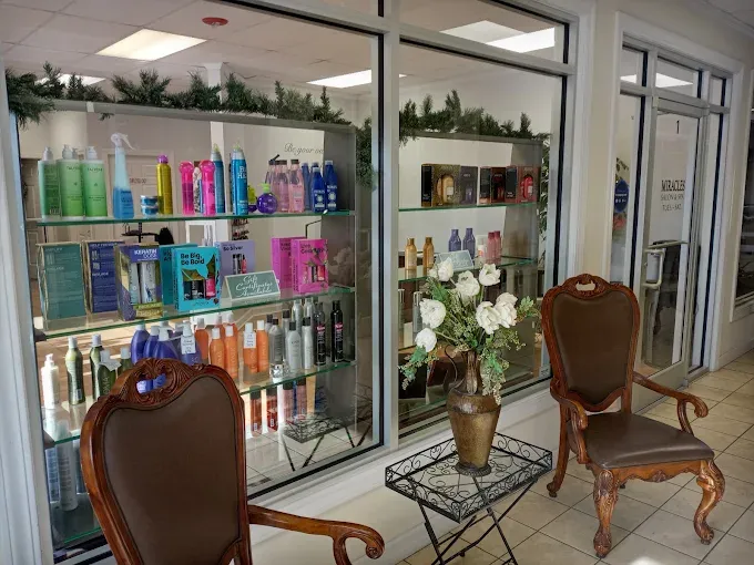 Professional hair-care products on the retail shelves at Miracles Salon & Spa