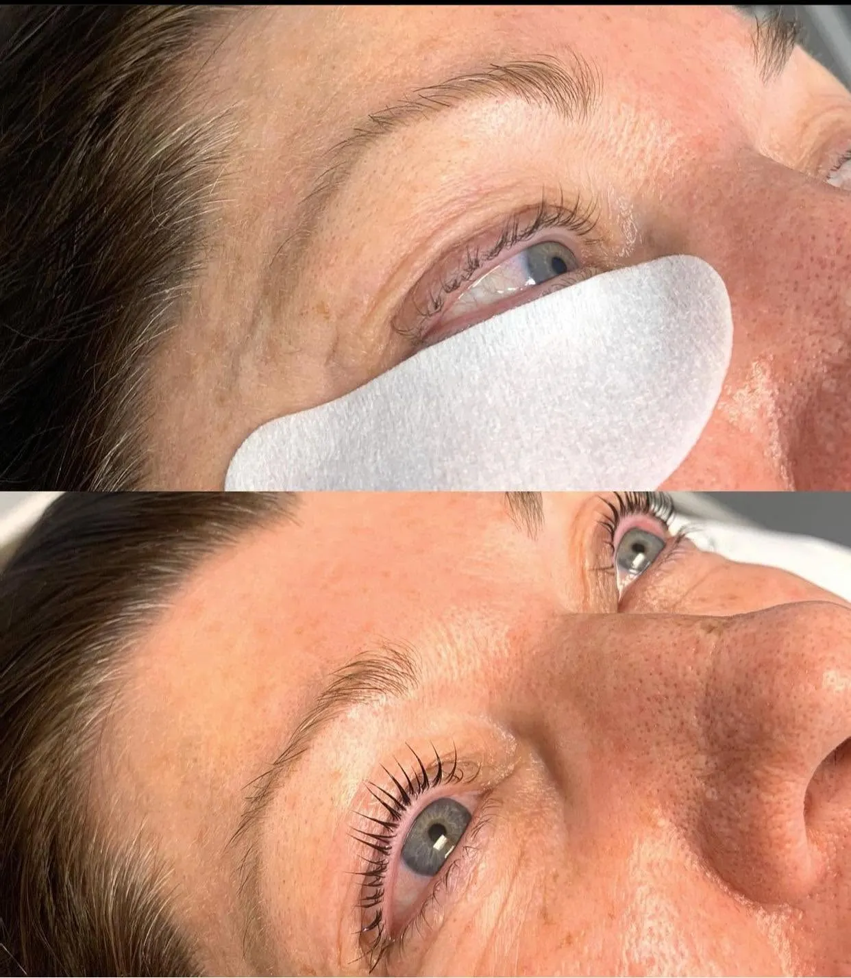 Before and after of a lash lift and tint at Miracles Salon & Spa in Shallotte, NC