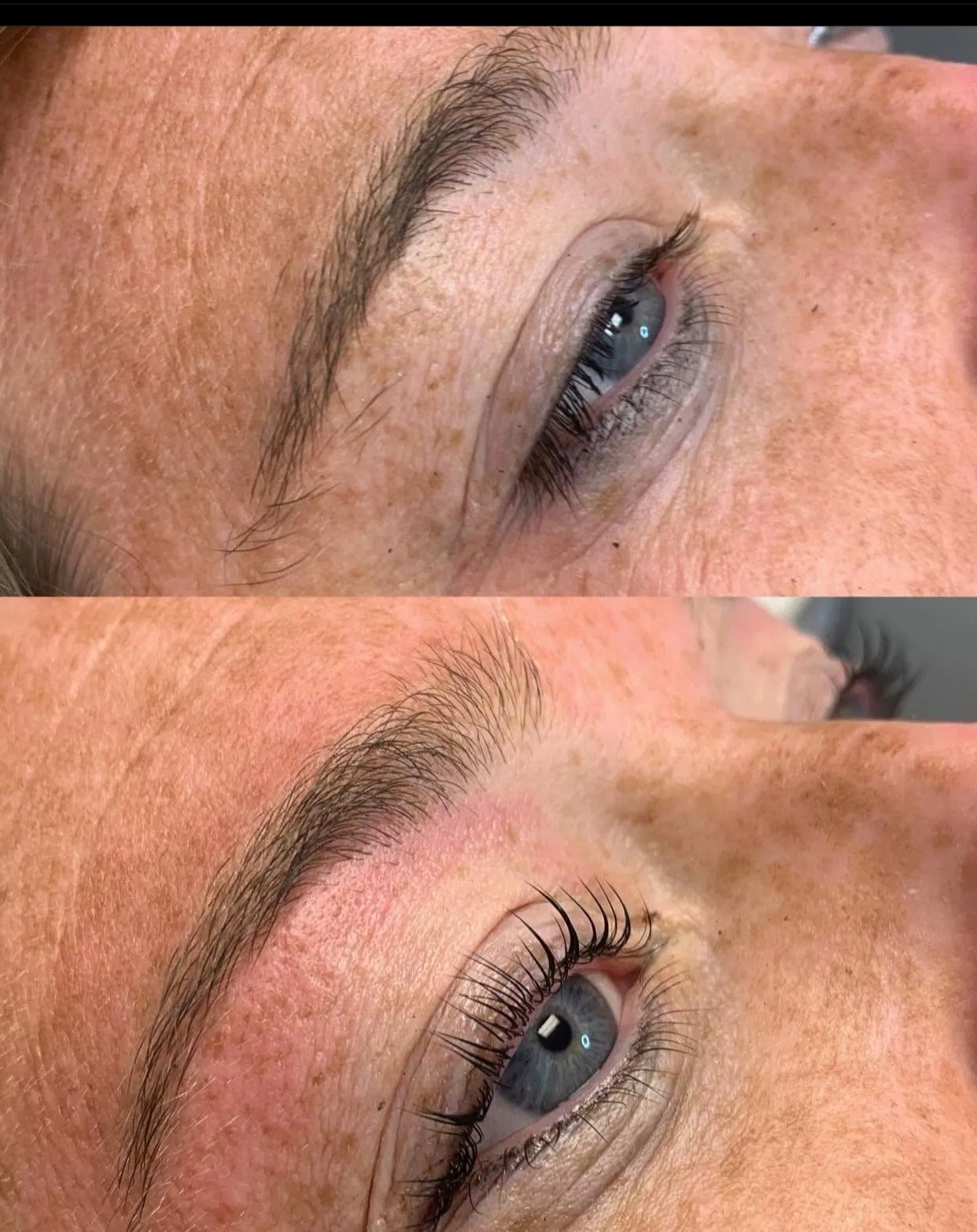 Before and after of clean, defined eyebrow shaping at Miracles Salon & Spa